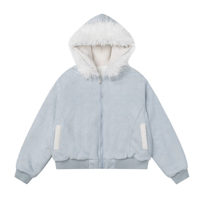 Suede Collar Short Zip-Up Hoodie