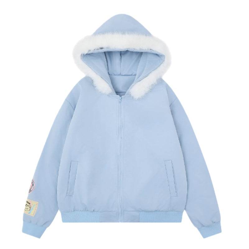 Blue Hoodie With Fur Trim