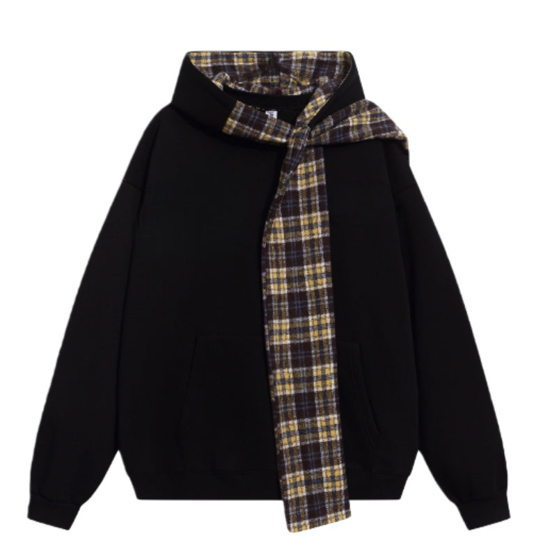Plaid Tie-Up Fleece-Lined Black Hoodie