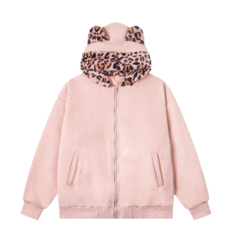 Pink Leopard Print Zip-Up Hoodie