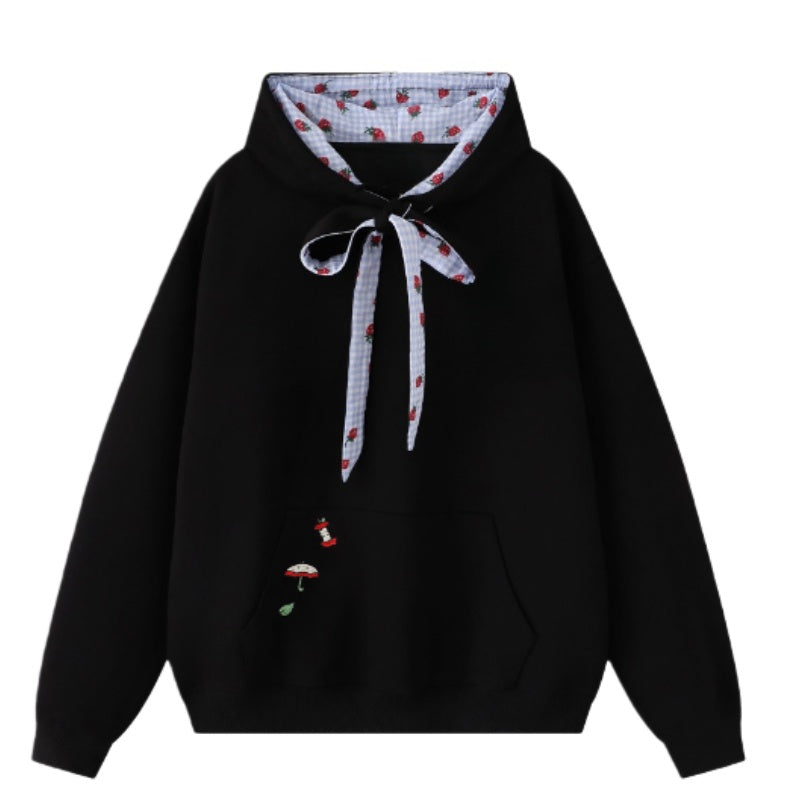 Strawberry Plaid Tie-Up Black Hoodie