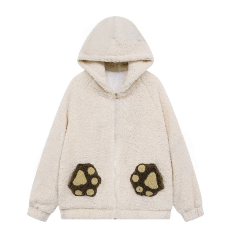 Cat Paw Embroidered Lamb Fleece Hoodie