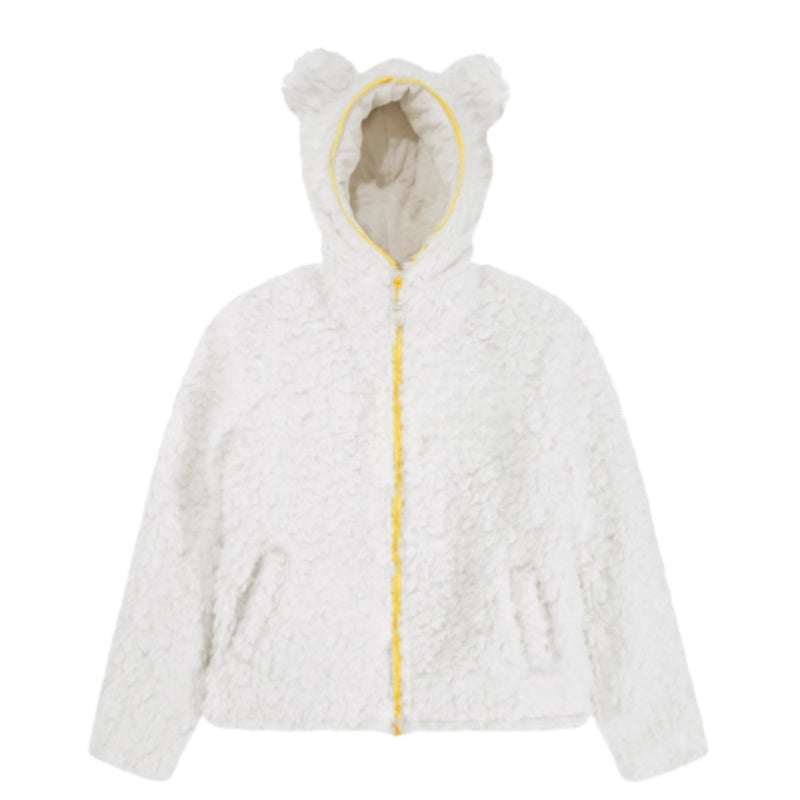 Embroidered Bear Ears Lamb Wool Hoodie